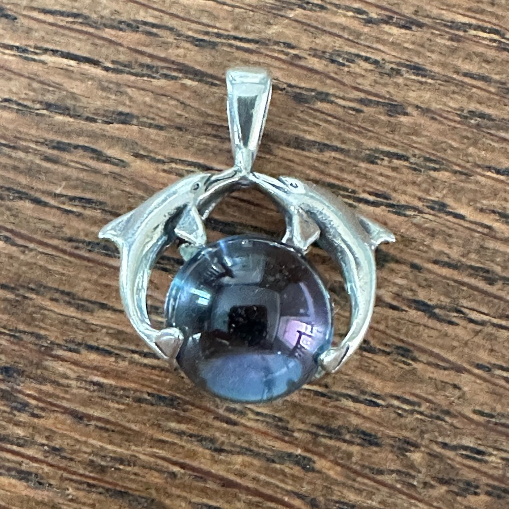 Vintage Sterling Silver Dolphin Pendant with Opalescent Purplish-Blue marble